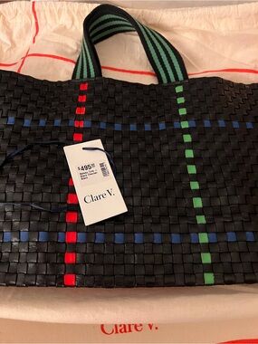 Clare V Black Woven Duffel with Green and Red Stripe Accents